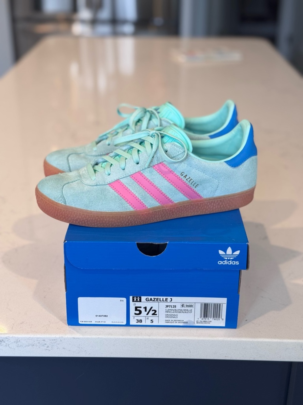 adidas Gazelle Kids Sneakers in Mint Green with Pink Stripes